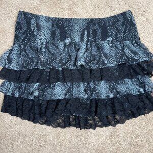Guess Skirt Womens M Black Ruffle Mini Tiered Y2K Snake Print Lace Whimsigoth